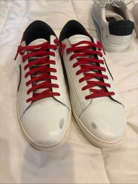 Oliver Cabell White Leather Sneakers with Red Laces and Black Heel Tab